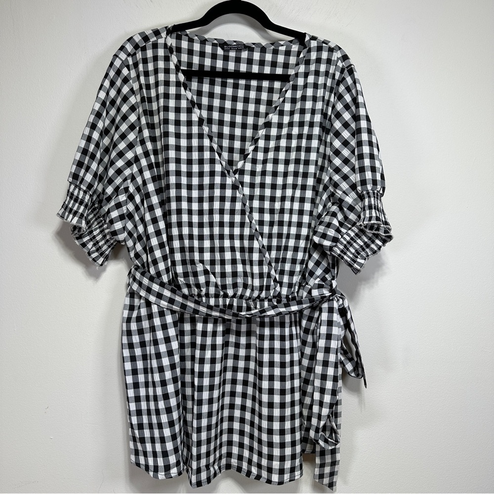 BloomChic Gingham Wrap Peplum Top Black White Cottagecore Tie Waist Blouse 22